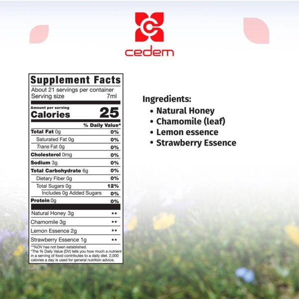 Honey, chamomile, lemon, and strawberry essences for soothing cough and immunity in CEDAL Cough Syrup by Cedem