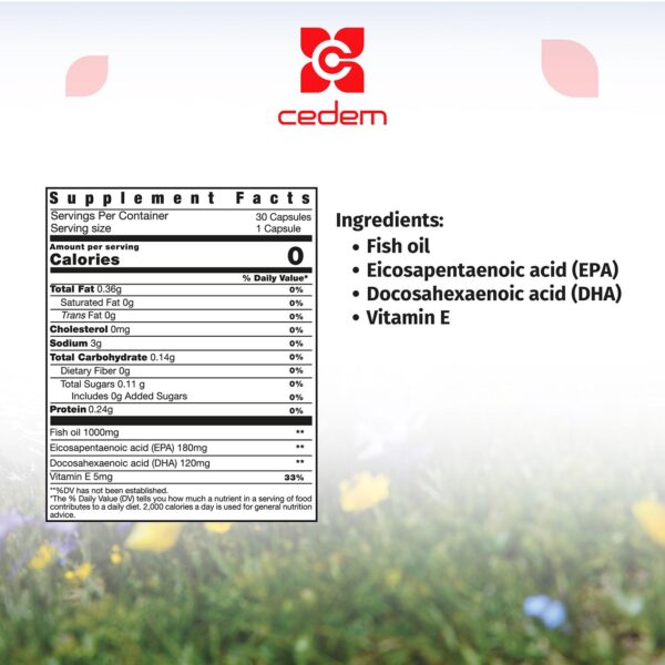 Ingredients in Cemega 3 + Vitamin E: Omega-3 (300 mg), EPA (180 mg), DHA (120 mg), Vitamin E (5 mg). Cedem ag.