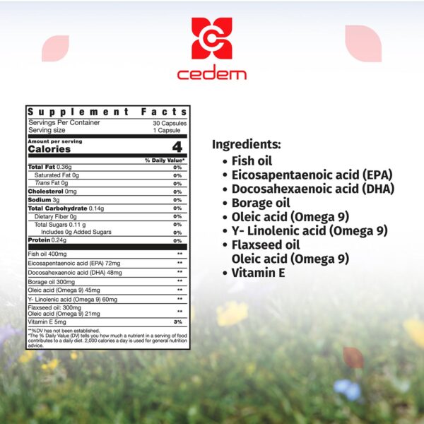 Ingredients in Cemega 3-6-9 + Vitamin E: Fish Oil, Borage Oil, Flaxseed Oil, Omega 3, 6, 9, and Vitamin E. Cedem ag.