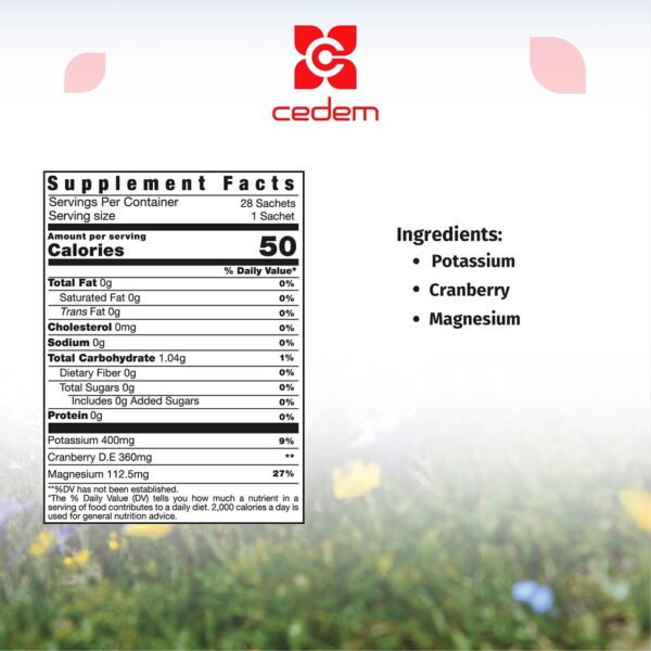 Active ingredients of PERAL BERRY: Potassium, Cranberry, Magnesium for urinary support, gluten-free and lactose-free, by Cedem AG.