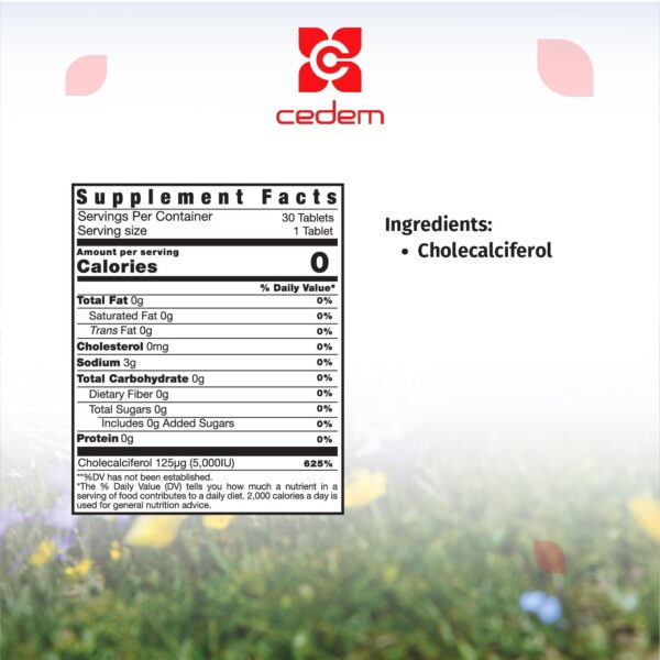 Active ingredient in Vitamin D3 5,000 IU: Potent Vitamin D3 to enhance immune function and support bone health. Cedem ag.