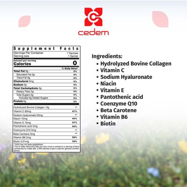 Ingredients for Collagen Derma: hydrolyzed collagen, vitamins, and nutrients for radiant skin, gluten-free and lactose-free - Cedem AG