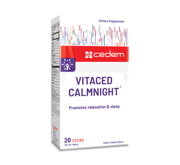 VITACED CALMNIGHT supplement promotes calmness, enhances mood, and supports sleep with natural extracts and magnesium. Gluten and lactose-free. Cedem ag.