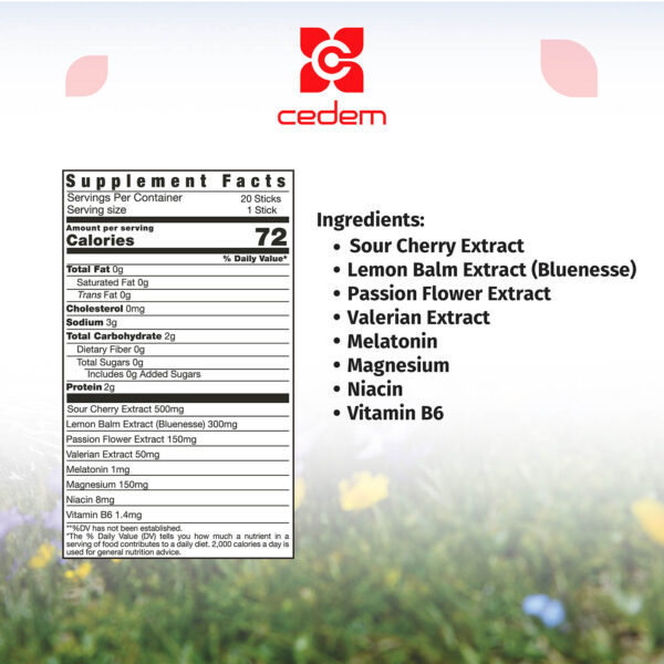 VITACED CALMNIGHT active ingredients: Cherry extract, lemon balm, passion flower, and melatonin for stress relief and sleep aid. Cedem ag.