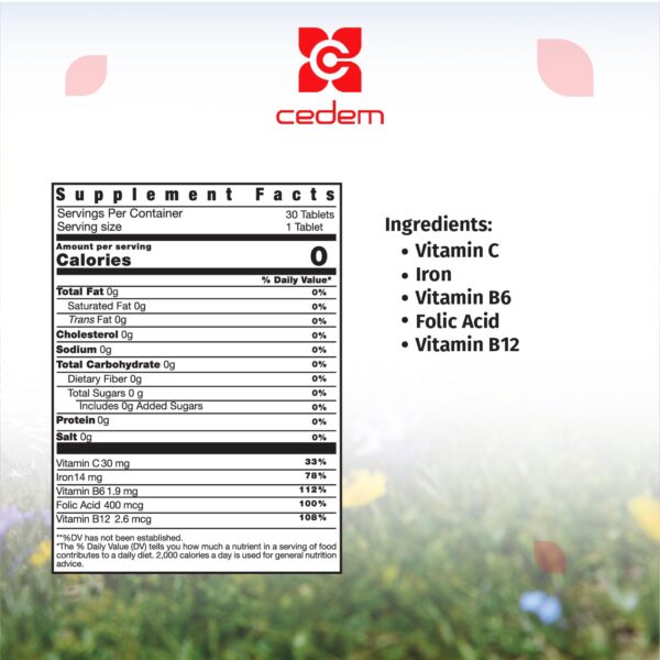 Vitamin C (30 mg), Iron (14 mg), Vitamin B6 (1.9 mg), Folic Acid (400 μg), and Vitamin B12 (2.6 μg) in CEDEM AG's Ceforte Plus