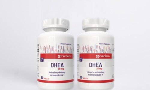 CEDEM DHEA supplements in 50 mg and 25 mg dosages, designed to help optimize hormone levels and support reproductive health. Each bottle contains 60 or 90 tablets, formulated for hormonal balance and well-being. Cedem ag