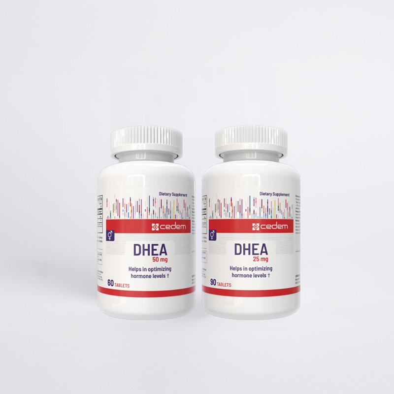 CEDEM DHEA supplements in 50 mg and 25 mg dosages, designed to help optimize hormone levels and support reproductive health. Each bottle contains 60 or 90 tablets, formulated for hormonal balance and well-being. Cedem ag